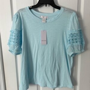 Design History Light Blue Short Sleeve Tee with Lace Puff Sleeves